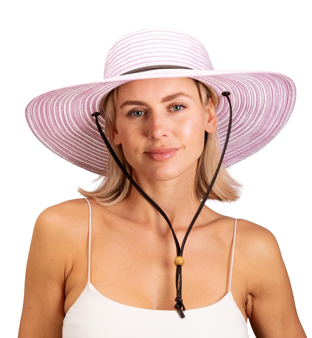 Women's Wide Brim Braided Sun Hat with Wind Lanyard - UPF | Lavender | Size M